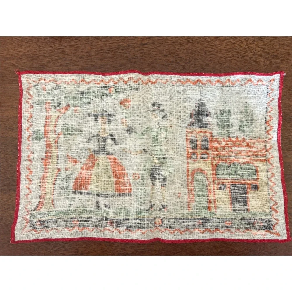 Vintage Tony Sarg Signed Linen Cocktail Napkin Couple Under Fruit Tree 8.5x 13.5